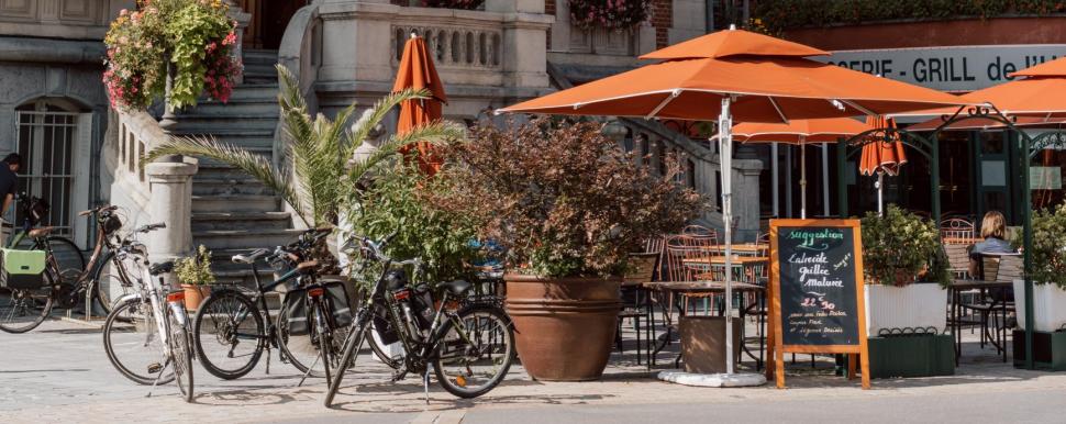 Bicycles next to a terrace in the Ardennes.