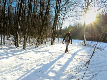Wanderer im Wald mit Schnee