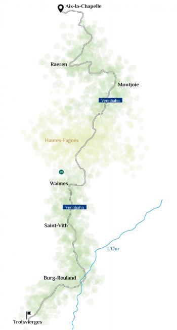 Carte qui montre le tracé de la Vennbahn, au départ d'Aix-la-Chapelle, jusqu'à Troisvierges