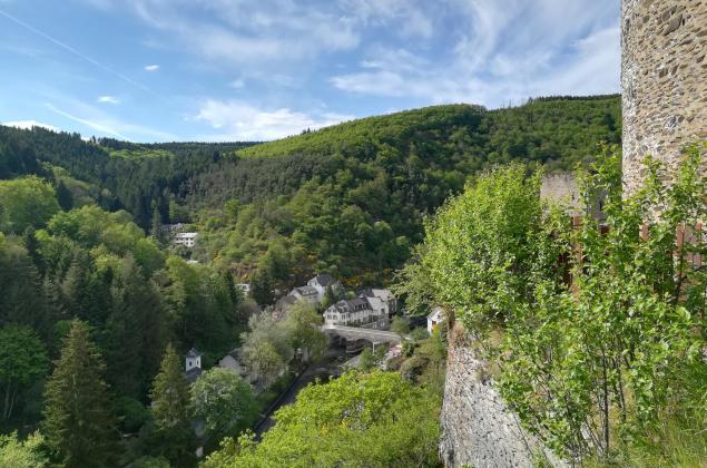 Uitzicht vanaf de ruïnes van het kasteel op het dorpje Esch-sur-Sûre